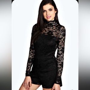 Boohoo Loretta High Neck Long Sleeved Lace Playsuit Black